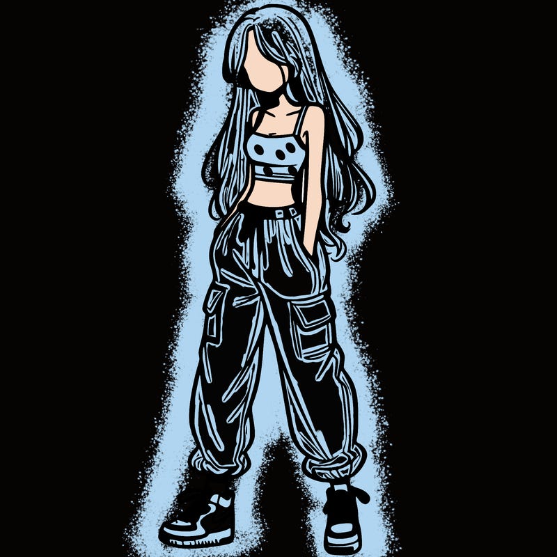 girl in baggy pants crop top and long hair