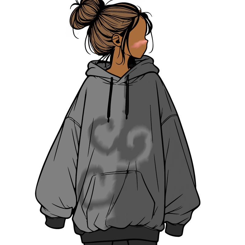 realistic girl with a oversized sweatshirt on and a bun