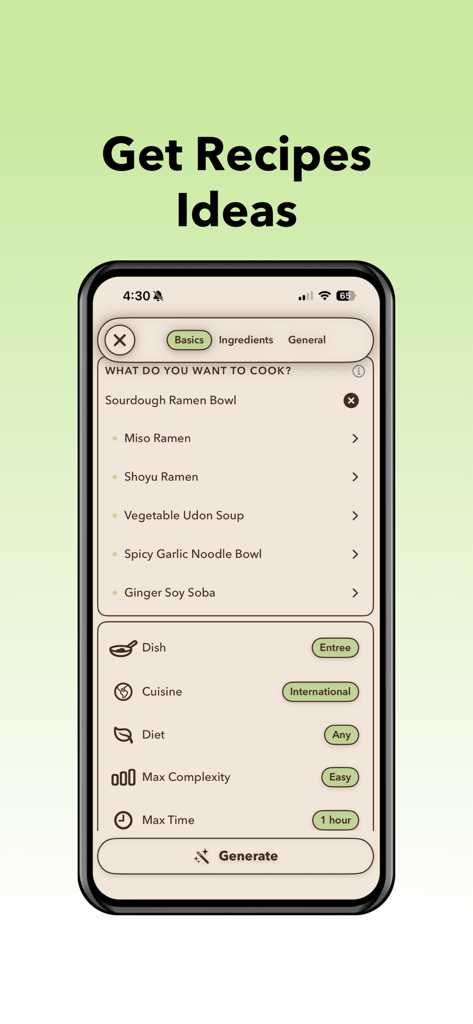 Sprout - Competitive Cooking - A mobile interface for Sprout app showing a recipe generator with filters for dish type, cuisine, diet, complexity, and cooking time.