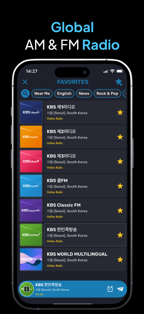 SoundBase ° Music Hearmark - Pantalla de smartphone que muestra una lista de estaciones de radio AM y FM globales en la app SoundBase