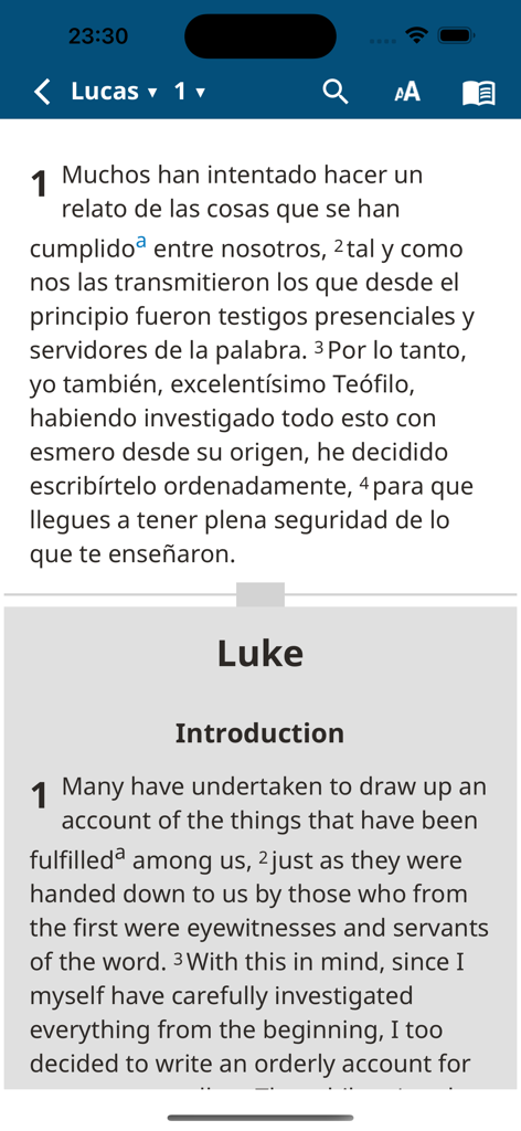NVI Biblia de Estudio - Vista de pantalla dividida bilingüe del libro de Lucas en español e inglés dentro de la aplicación de la Biblia de estudio NVI