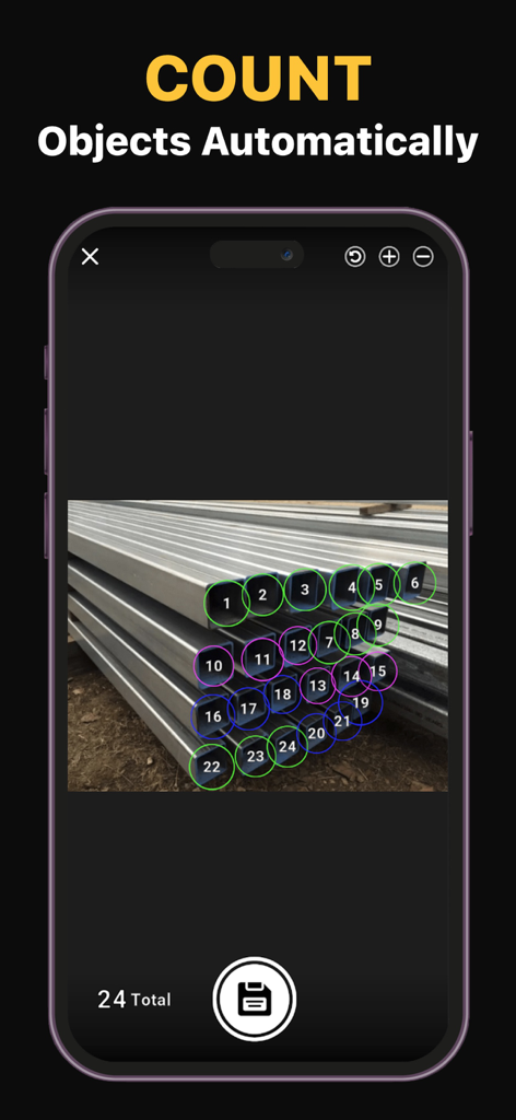 Count Things Ai Object Counter - Interfaz de aplicación móvil contando automáticamente tuberías metálicas con IA y mostrando un total de 24