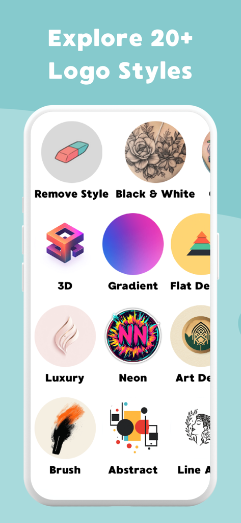 Logify: AI Logo Maker & Design - Interface de l'application Logify montrant plus de 20 styles de logo, y compris 3D Luxury et Neon.