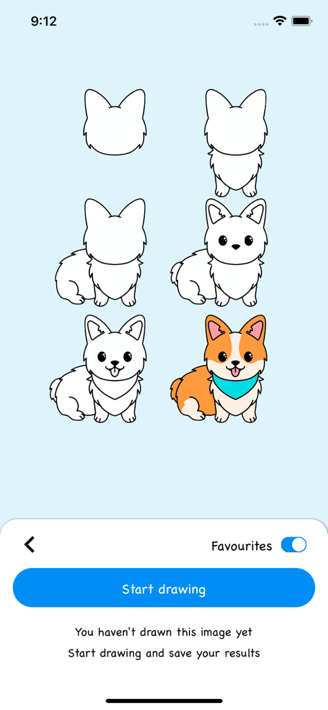 Écran de tutoriel étape par étape montrant comment dessiner et colorier un mignon chien corgi