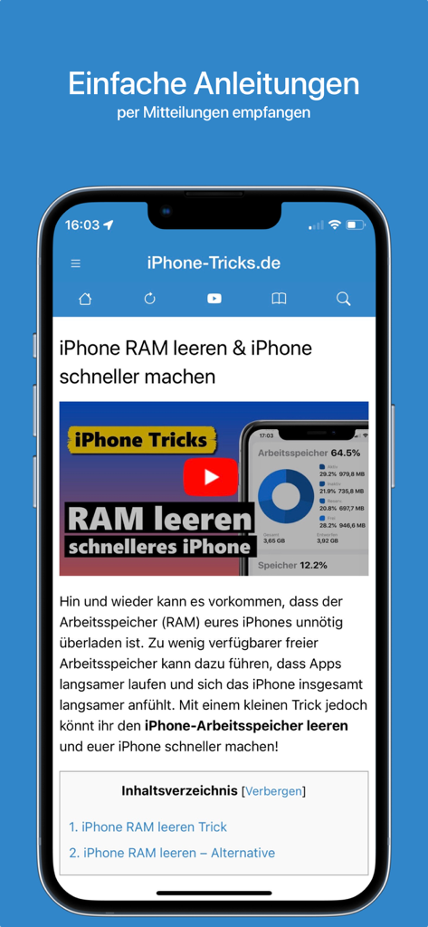 iPhone Tricksアプリの画面。RAMをクリアして携帯電話の速度を上げるための手順が表示されています。