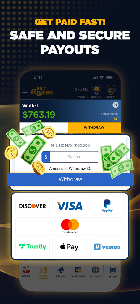 BetRivers: Casino & Sportsbook - BetRivers Mobile App-Bildschirm, der sichere Auszahlungsoptionen anzeigt, darunter PayPal, Apple Pay und Venmo.