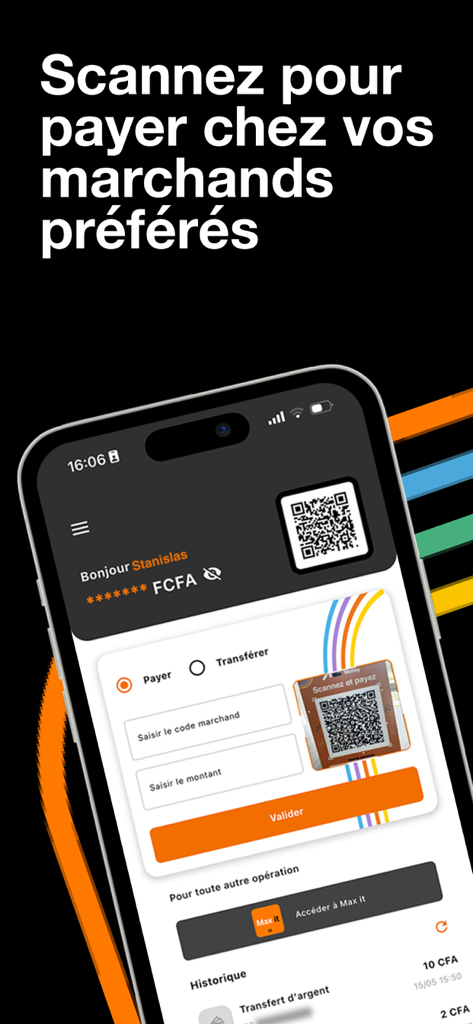 OM Pay - Interfaz de la aplicación móvil OM Pay que muestra un código QR y campos de entrada de pago de comerciante para transacciones en Costa de Marfil