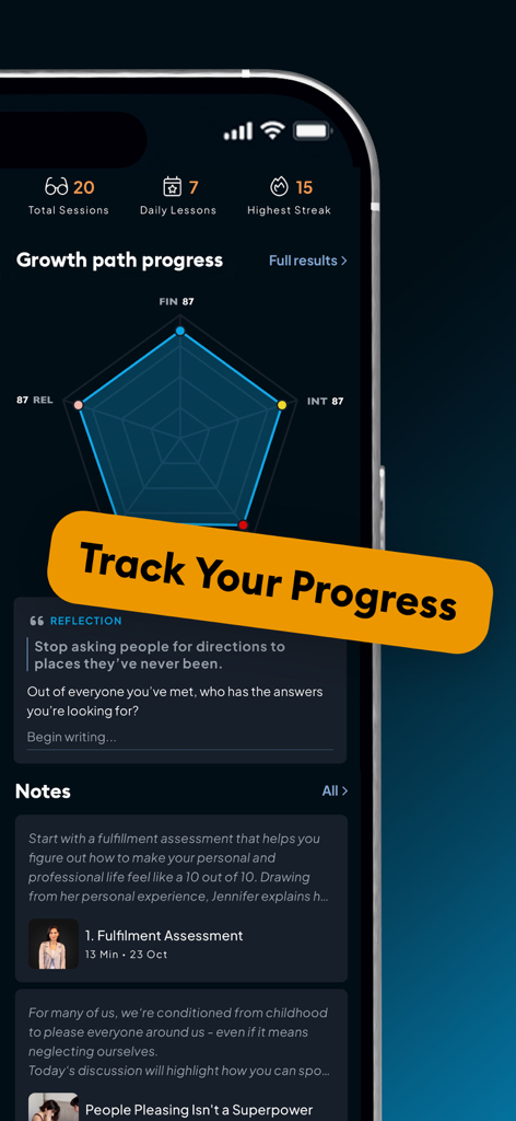 Alux: Self Help & Improvement - Alux app dashboard showing growth path progress chart and session stats
