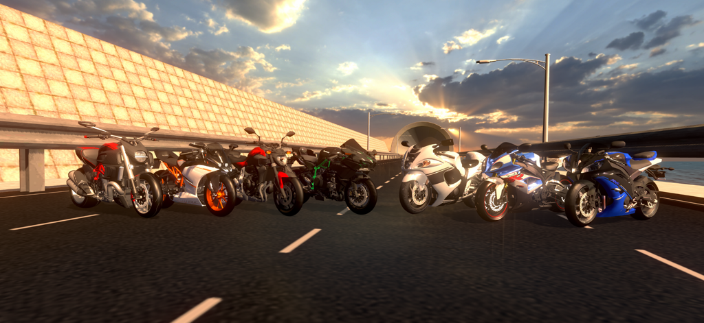Motorcycle Sim: Multi - Una fila de diversas motos de alta fidelidad en una autopista abierta al atardecer.
