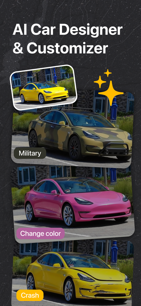 AI Car Designer & Customizer - L'application AI Car Designer affichant divers styles de personnalisation, y compris une peinture rose camouflage militaire et des effets de collision sur un véhicule.