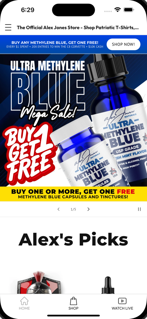 AJN LIVE - AJN LIVE app home screen displaying a Buy One Get One Free mega sale on Ultra Methylene Blue supplements.