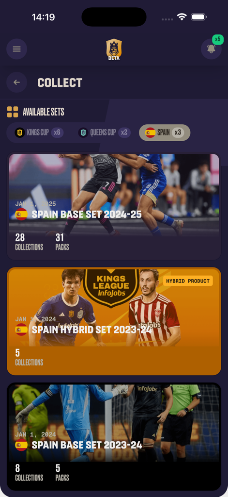 Kings League Fantasy - Mobile app screen showing available digital card sets in Kings League Fantasy