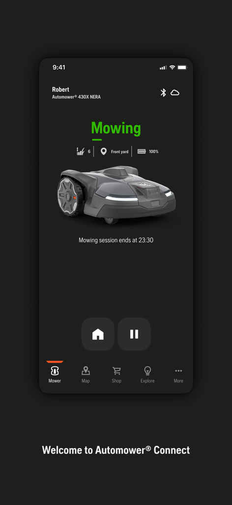 Automower Connect App-Dashboard von Husqvarna, das den Mähroboter-Status und den Batteriestand anzeigt