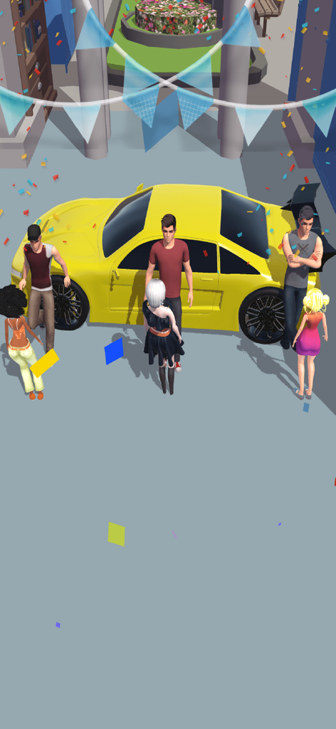 Girl Catwalk: Fashionista - Ein Girl-Fashion-Model feiert seinen Sieg neben einem gelben Sportwagen mit fallendem Konfetti und anderen Charakteren