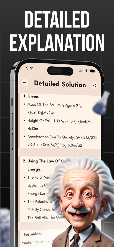 A detailed step-by-step physics problem solution displayed on a mobile app with an Einstein illustration