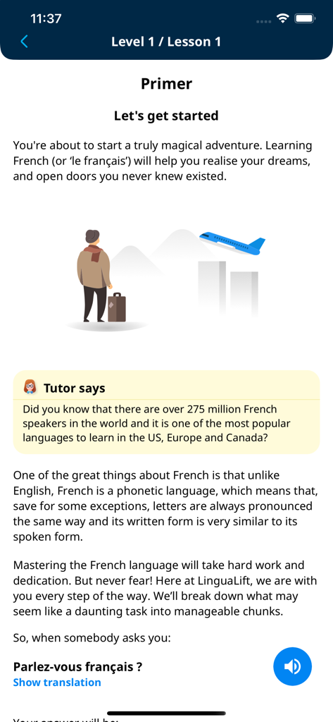 LinguaLift - A screenshot of the LinguaLift app showing the first French lesson primer with introductory text and a traveler illustration.