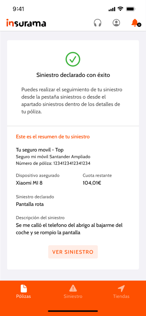 Insurama - Pantalla de la app móvil que muestra una confirmación de reclamación de seguro exitosa para una pantalla rota en español.
