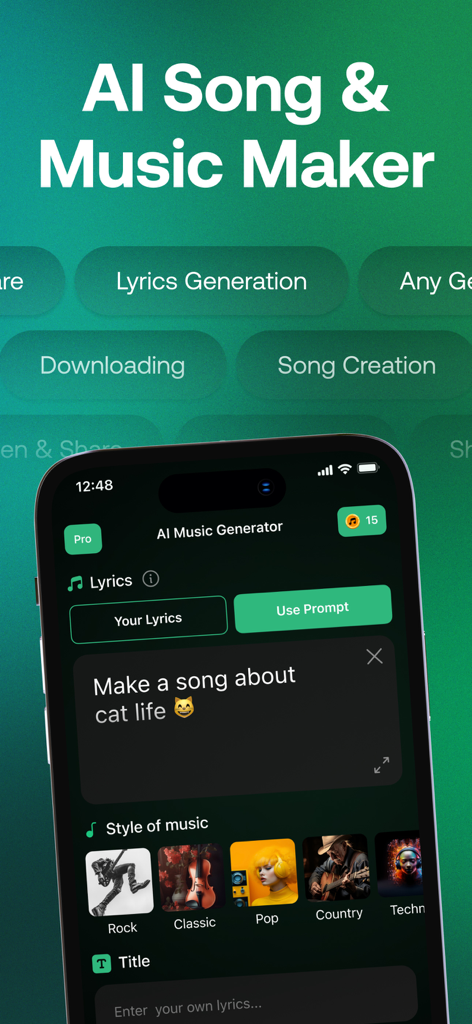 AI Song: AI Music Generator - Smartphone zeigt die Benutzeroberfläche des AI Song Musikgenerators mit einem Prompt für einen Song über Katzenleben und verschiedenen Musikstilen wie Rock, Pop und Country
