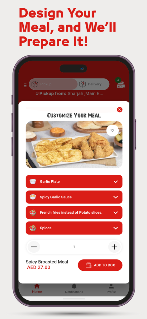 Teléfono inteligente mostrando la pantalla de personalización de comidas en la app del Restaurante Laffah para una comida de pollo broaster picante.