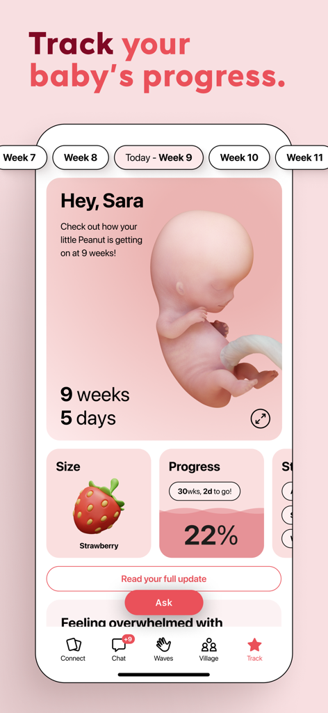 Peanut app interface for tracking pregnancy progress showing a 9-week-old fetus and baby size comparison to a strawberry.