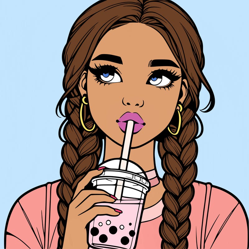 realistic girl with braided hair drinking boba