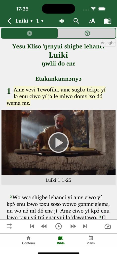 Benin Bible - A screen from the Benin Bible app showing scripture text and an embedded video in the Adjagbe language