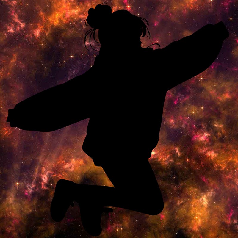 realistic girl jumping with a bun and oversized sweatshirt