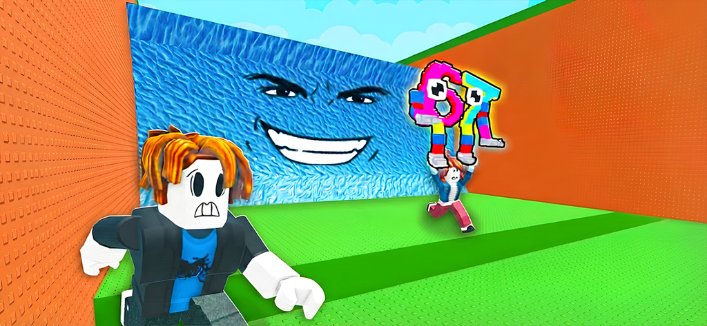 Escape Tsunami For Brainrots! - A character running from a giant wave with a meme face in a Roblox style survival game