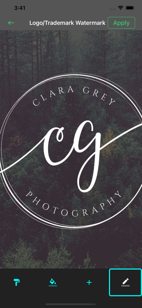 Add Watermark on Photos,Videos - Interfaccia di un'app mobile per l'applicazione di una filigrana con logo fotografico personalizzato a una foto.