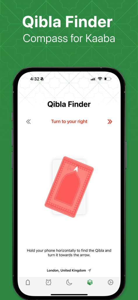 Schermata di uno smartphone che mostra la funzione Qibla Finder con l'icona di un tappetino da preghiera e una freccia direzionale per trovare la Kaaba