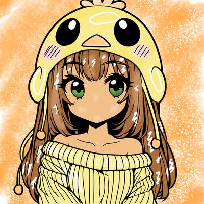 anime girl with chick shaped hat with sweater with bare shoulders with bangs covering them one eye with low tail
