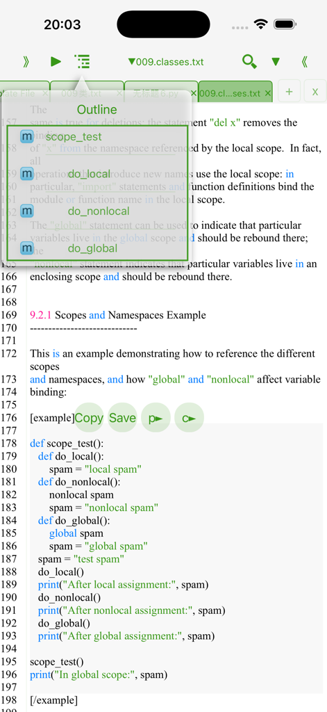 Python3 IDE Fresh Edition app screen showing code outline and variable scope learning material.