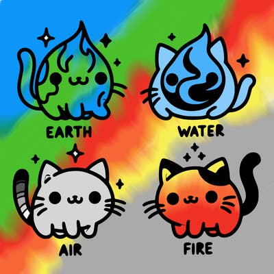 4 cats that represent the different elements, earth, water, air, and fire