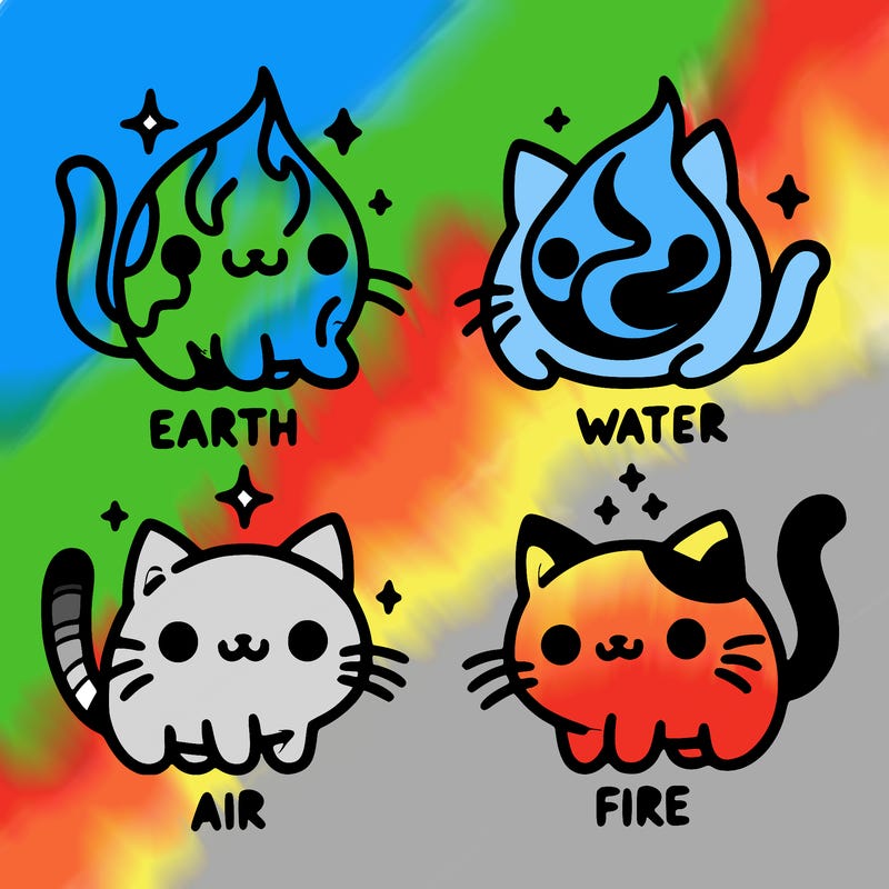 4 cats that represent the different elements, earth, water, air, and fire
