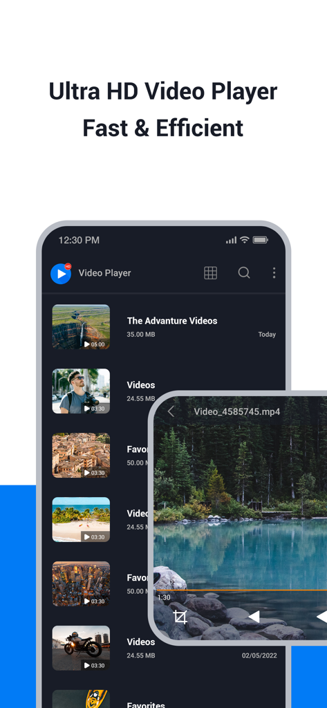 SPlayer -Video Media Player - SPlayer mobile app interface showing a list of video folders and an Ultra HD video playback window