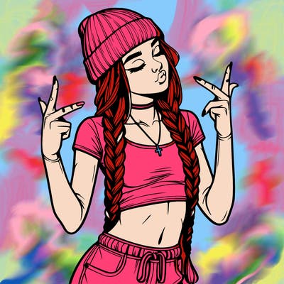 realistic teenage girl with braids and a beanie and crop top doing 🫶🏼