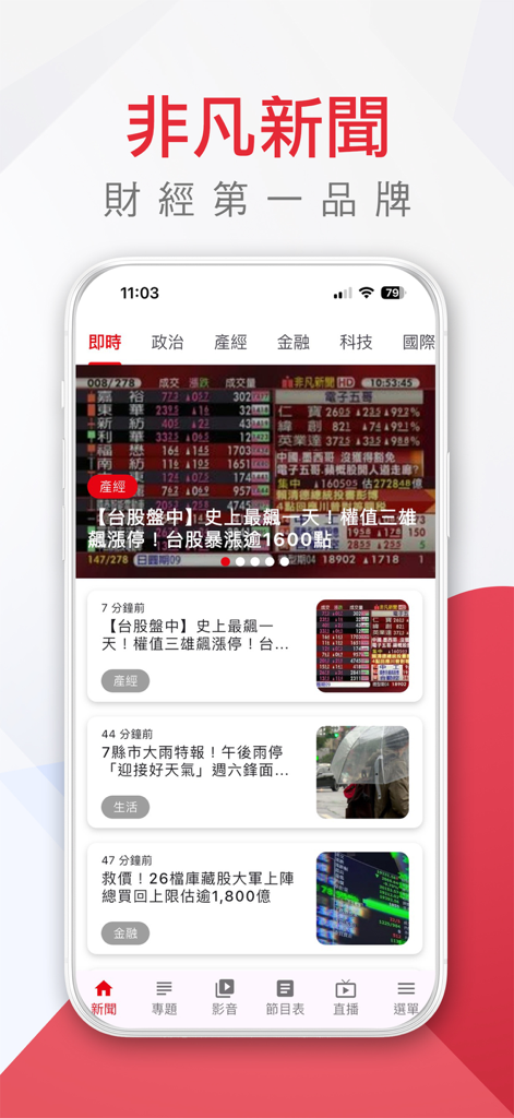 Interface of the Unique Business News app showing financial and stock market news headlines in Traditional Chinese