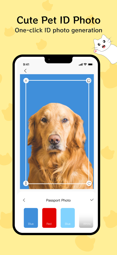 A golden retriever photo being edited for a pet ID or passport with different background color options