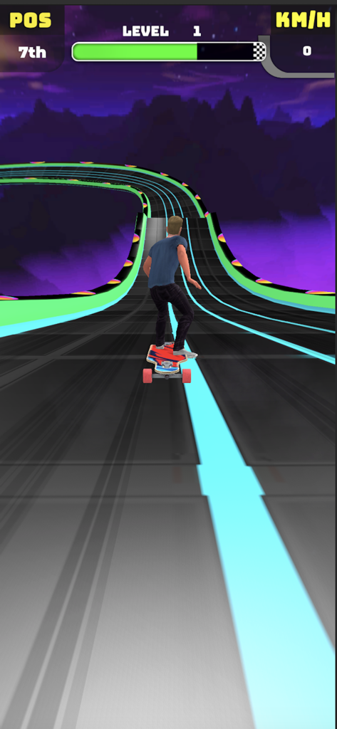Skate Thrill: Downhill Drift - Um personagem em um longboard correndo em uma pista neon futurista à noite em Skate Thrill Downhill Drift