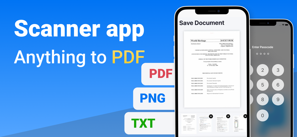 Interfaz de la aplicación Escáner de Documentos PDF mostrando opciones de exportación de documentos y pantalla de código de acceso de seguridad