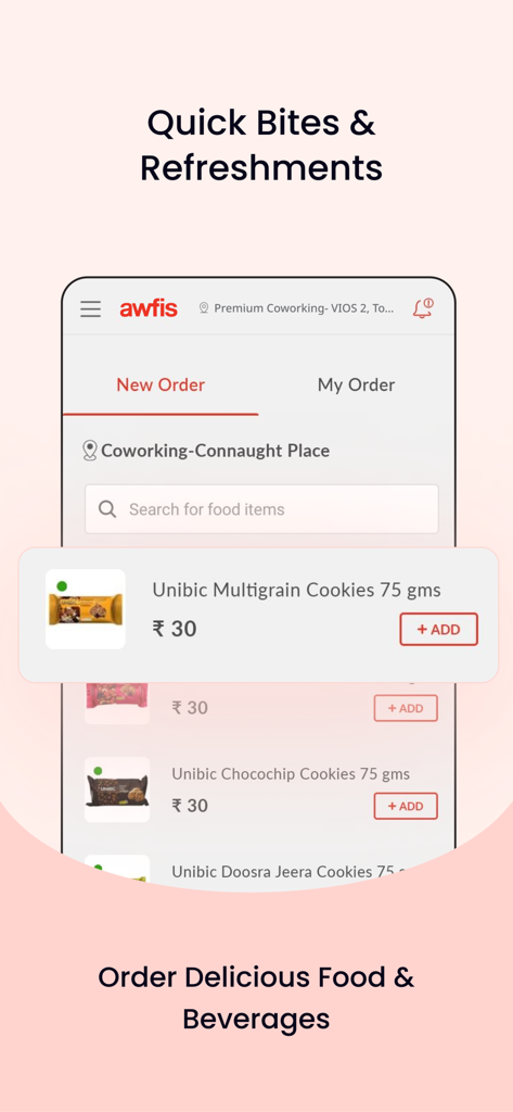 Awfis Coworking - Mobile app interface for ordering quick bites and refreshments at an Awfis coworking space