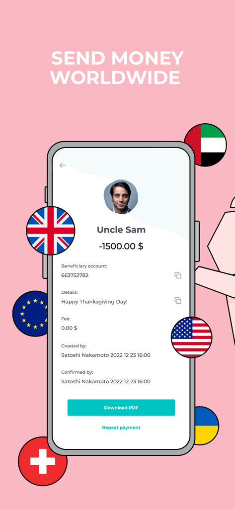 Bankera – Mobile Banking - Bankera app screen showing international money transfer details with various national flags