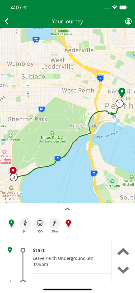 Transperth app screen displaying a map with a planned transit route and journey details in Perth