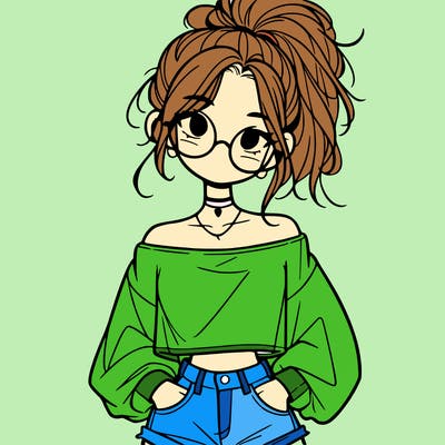 girl with a messy ponytail glasses a baggy crop top and jean shorts