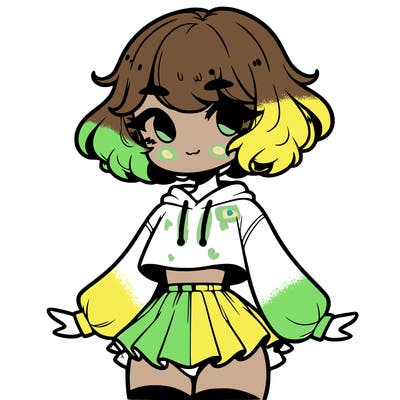 cute femboy with short, fluffy hair that softly frames their face, wearing a cropped hoodie, paired with a flouncy short skirt, and thigh-high stockings