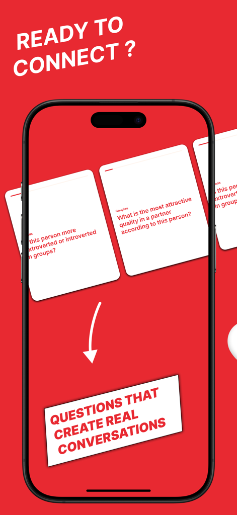 365 Hot: Deep conversations - Pantalla de smartphone que muestra tarjetas interactivas de inicio de conversación de la aplicación 365 Hot