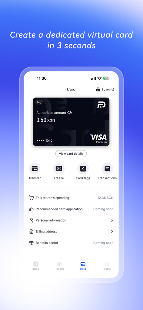 FoPay - stable coin payment - FoPay app interface showing a virtual Visa Platinum card and account spending details.