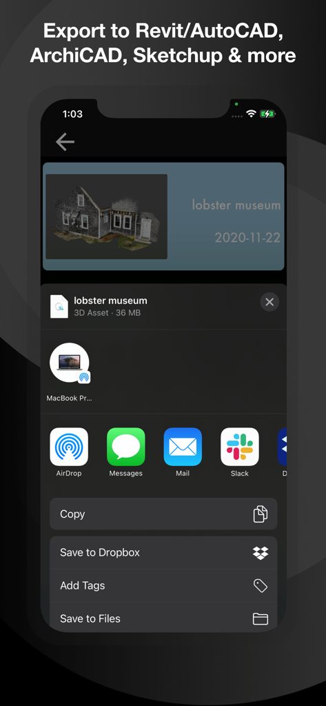 SiteScape app export screen showing options to share a 3D scan to CAD software, Slack, and Dropbox