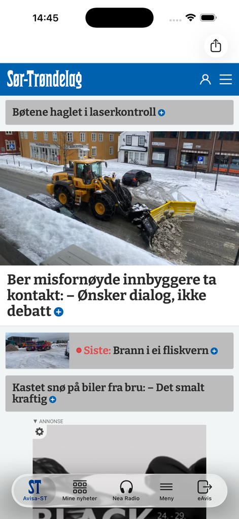 Avisa-ST Nyheter - Tela inicial do aplicativo de notícias Avisa-ST apresentando manchetes locais e notícias da região de Sor-Trondelag na Noruega