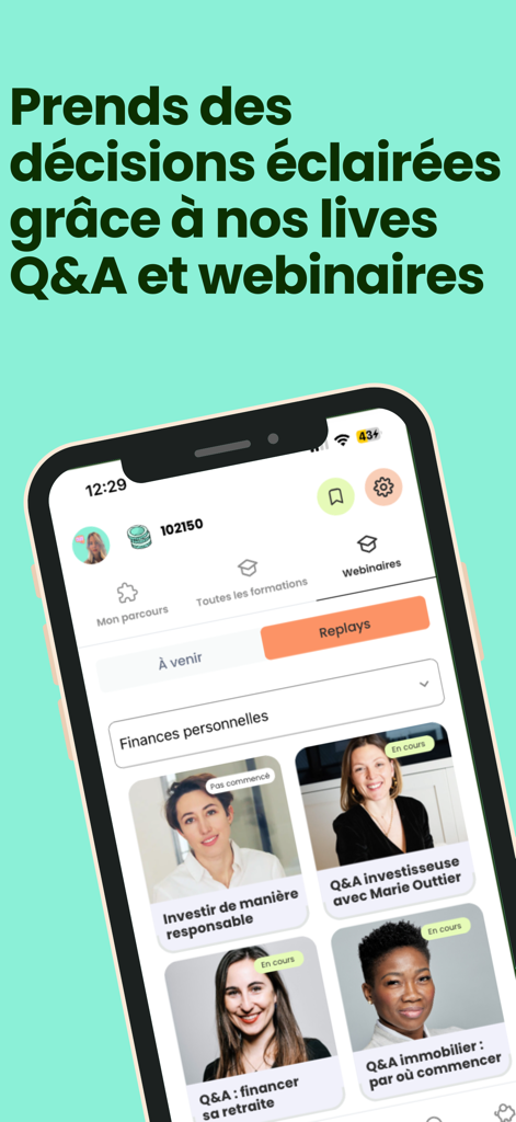 Plan Cash app interface showing a list of financial webinars and live Q&A sessions focused on personal finance and investing for women